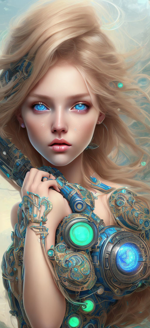 Digital Artwork: Woman in Steampunk Armor with Blue Eyes and Blonde Hair