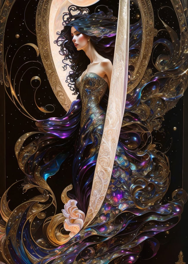 Illustration of woman with dark hair, celestial dress, sword, and crescent moon.