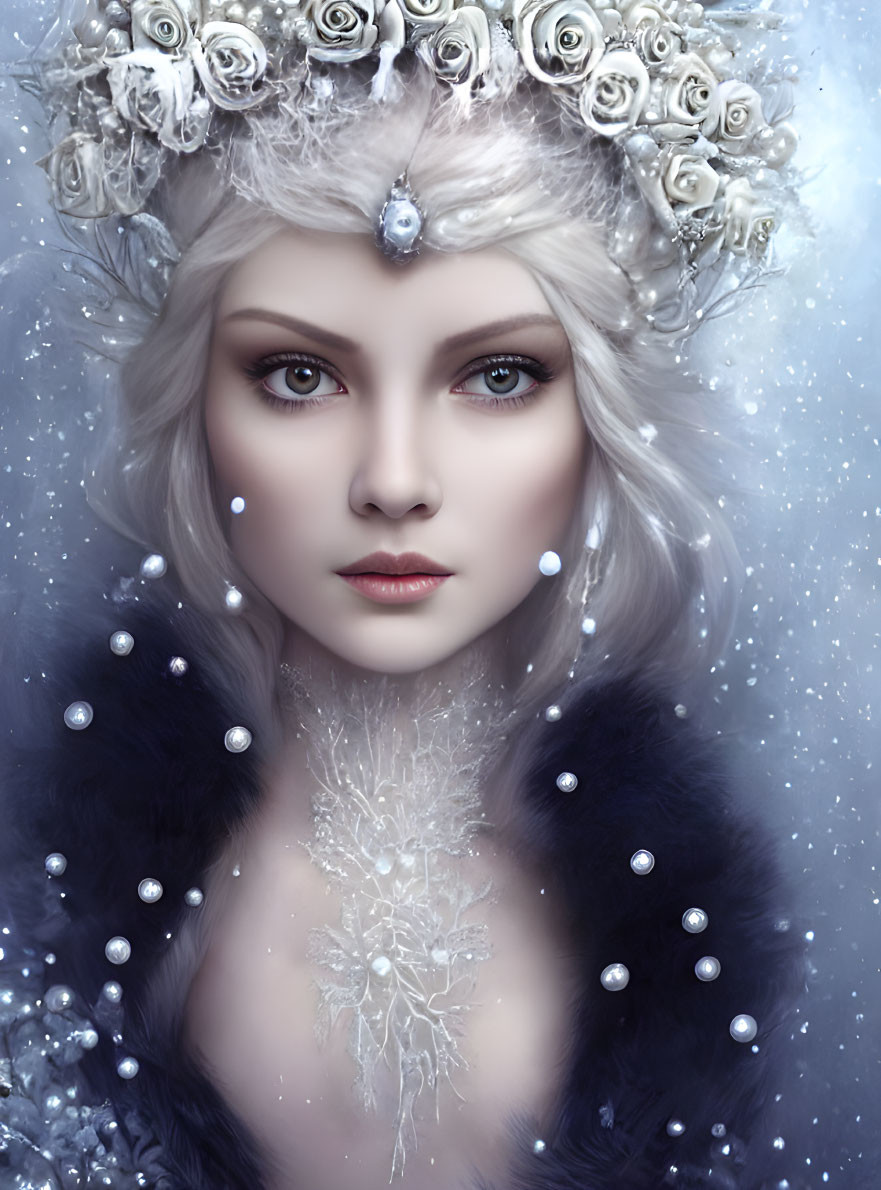 Portrait of Woman with Silver Hair, White Roses Crown, Navy Fur Cloak, Pearls - Snow