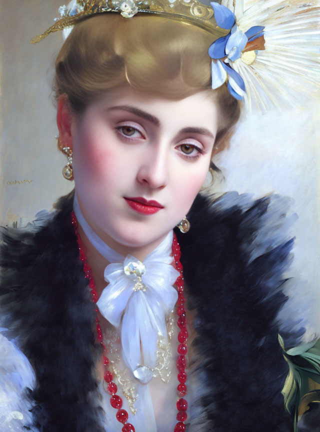 Vintage-inspired portrait of elegant woman in gold tiara and fur coat with pearl necklace and blue flower,