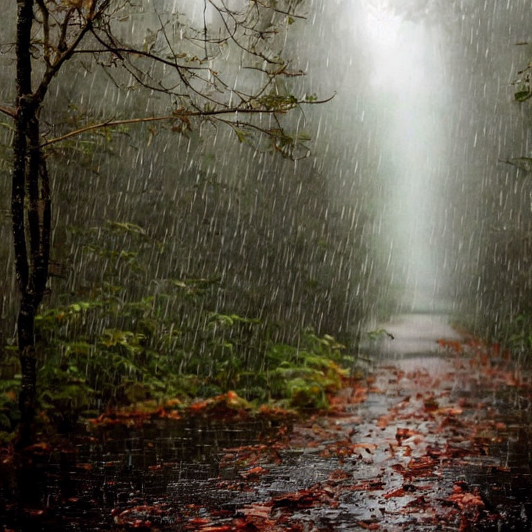 Rain-soaked pathway in misty forest with green foliage & autumn leaves