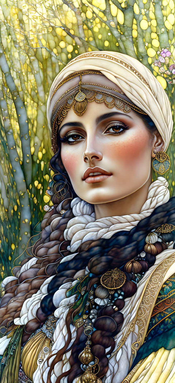 Illustrated woman in gold jewelry and headscarf with nature backdrop