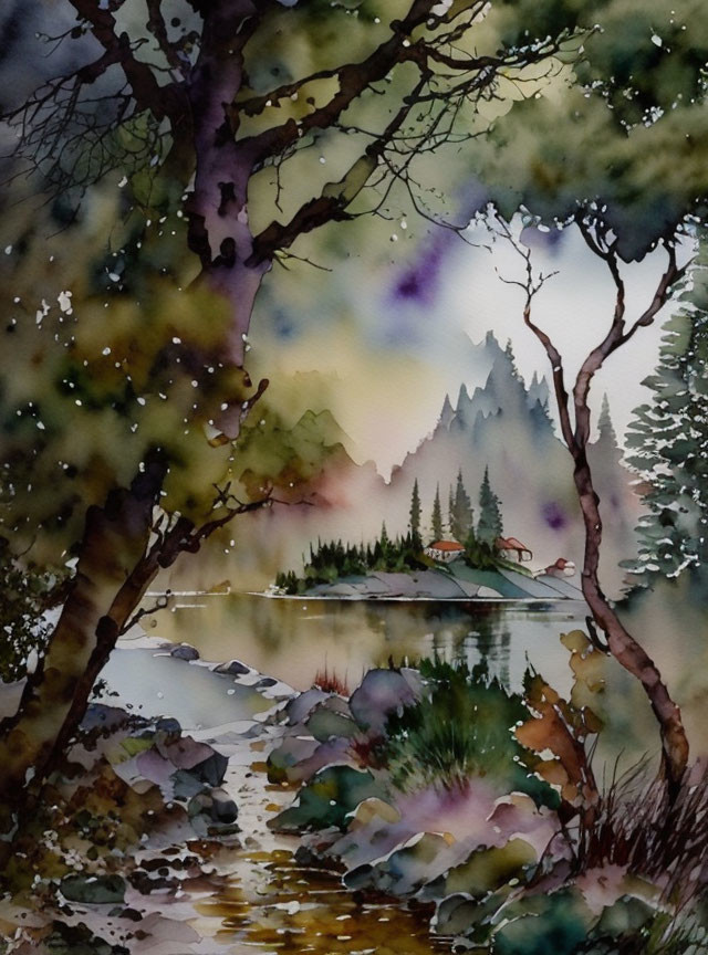 Serene lakeside watercolor painting with misty mountains.