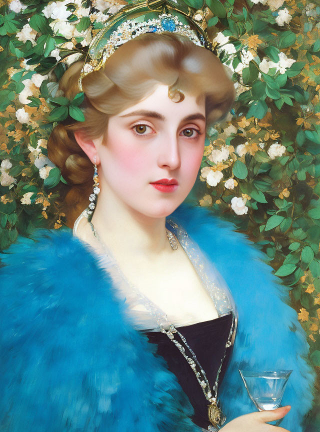 Portrait of elegant woman with blue fur stole and tiara, surrounded by white flowers holding a glass