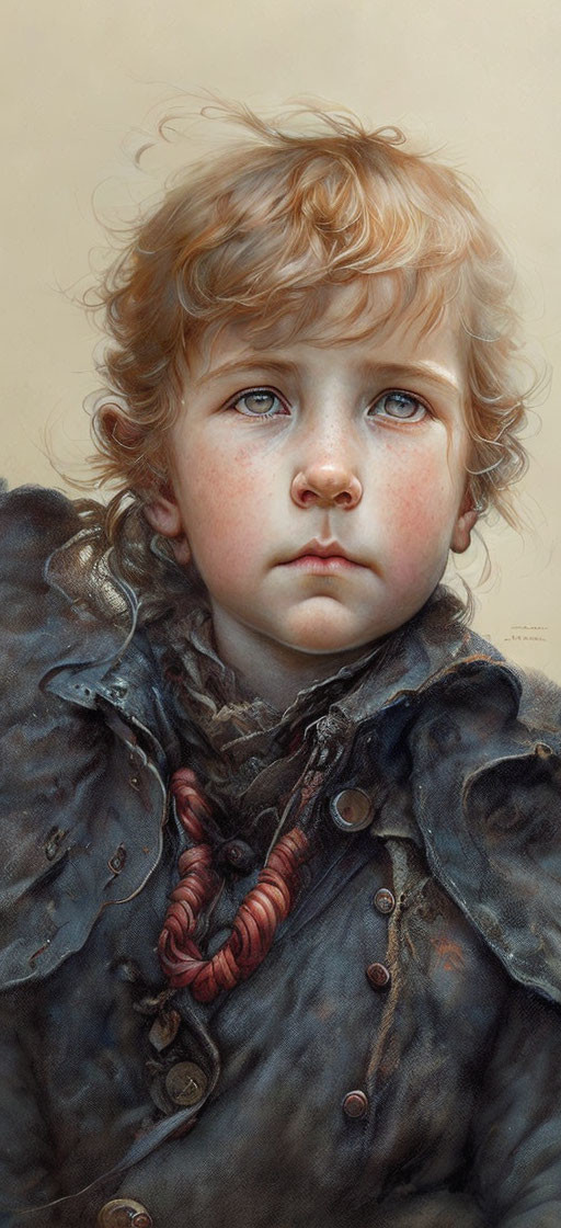 Young child with curly hair and blue eyes in a weathered coat.