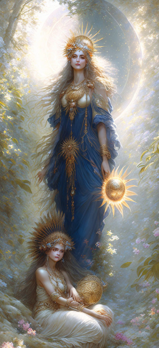 Ethereal women in golden crowns and blue garments in mystical forest