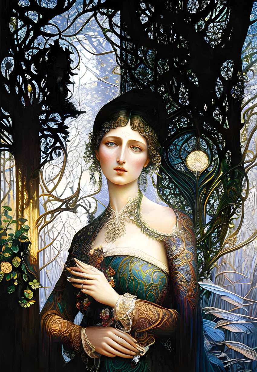 Stylized painting of woman with intricate clothing and jewelry against nature-inspired backdrop.