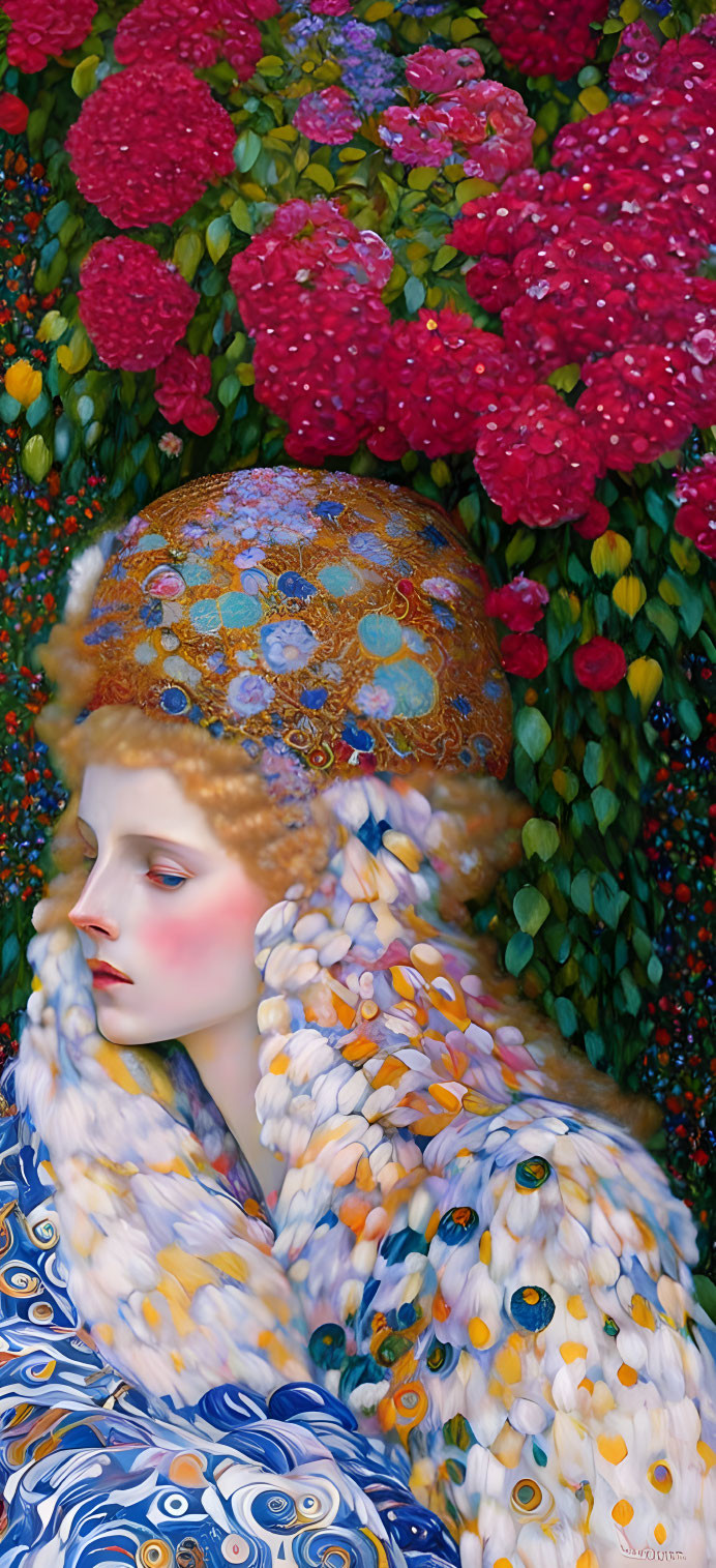 Stylized portrait of woman with pale skin and red cheeks in golden headpiece against vibrant floral background