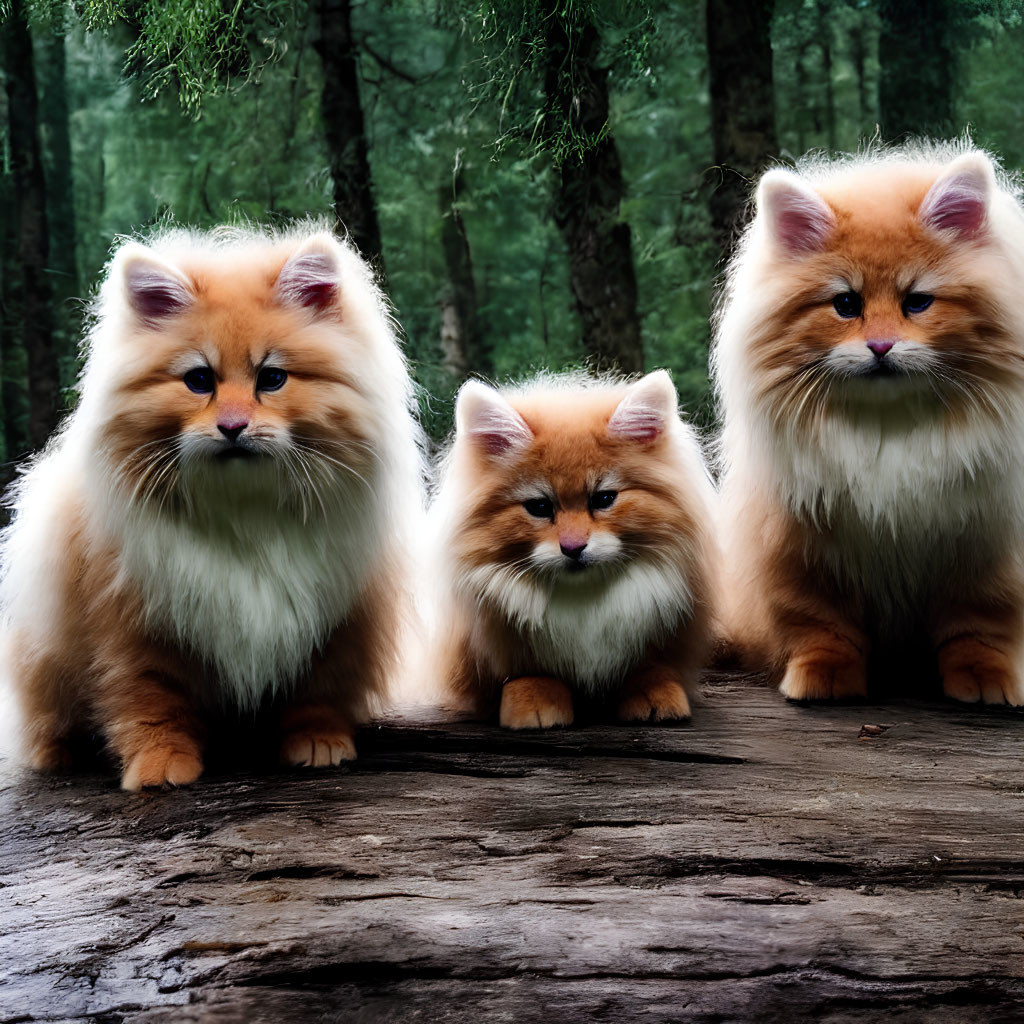 Three Fluffy Orange Cats on Wooden Surface with Dark Forest Background