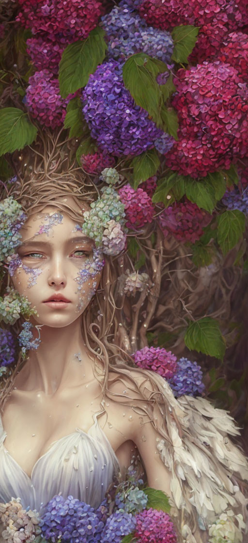 Female figure surrounded by vibrant hydrangeas and wearing a feathered garment