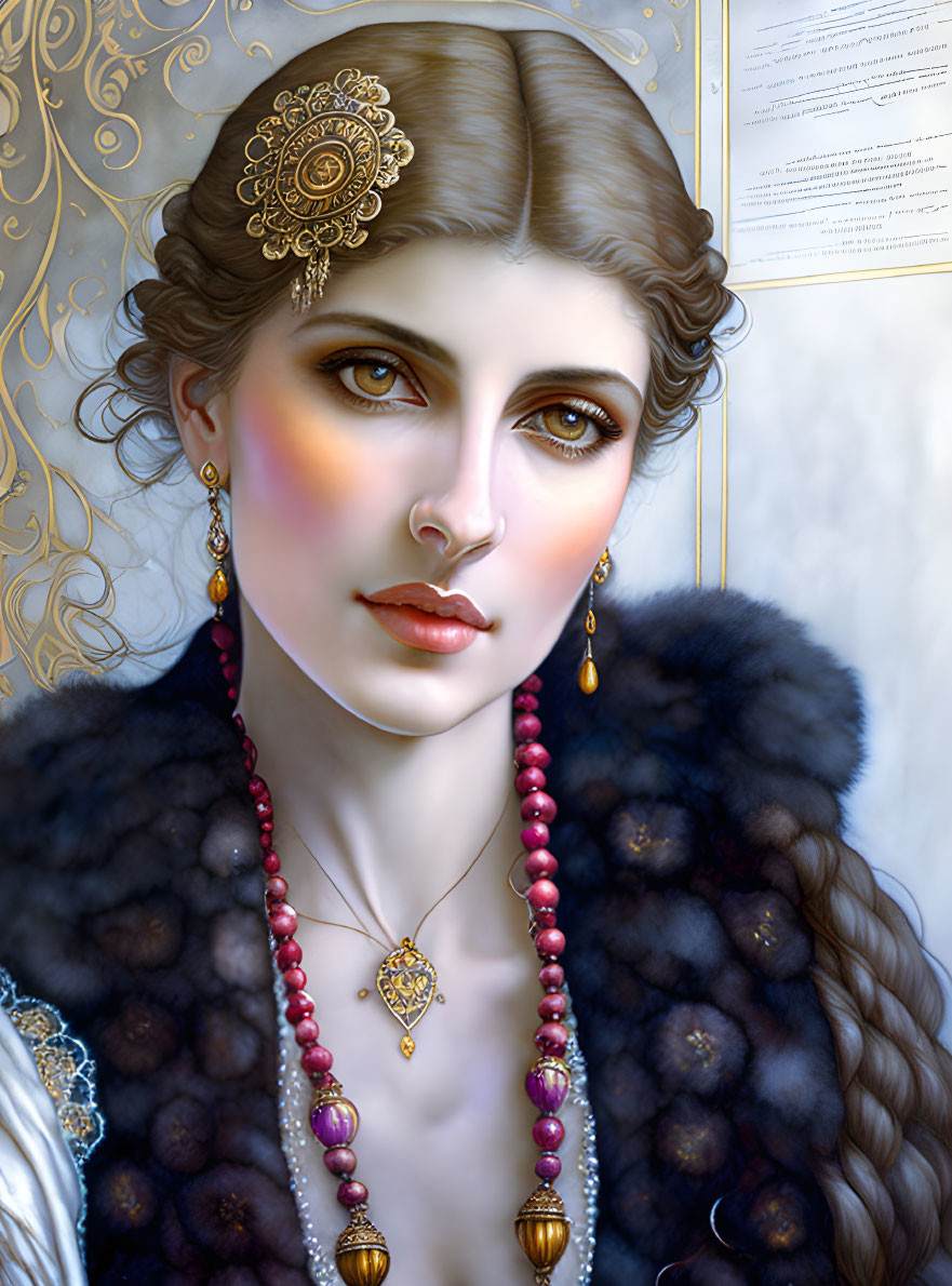 Detailed Illustration of Woman with Elegant Jewelry & Hairstyle