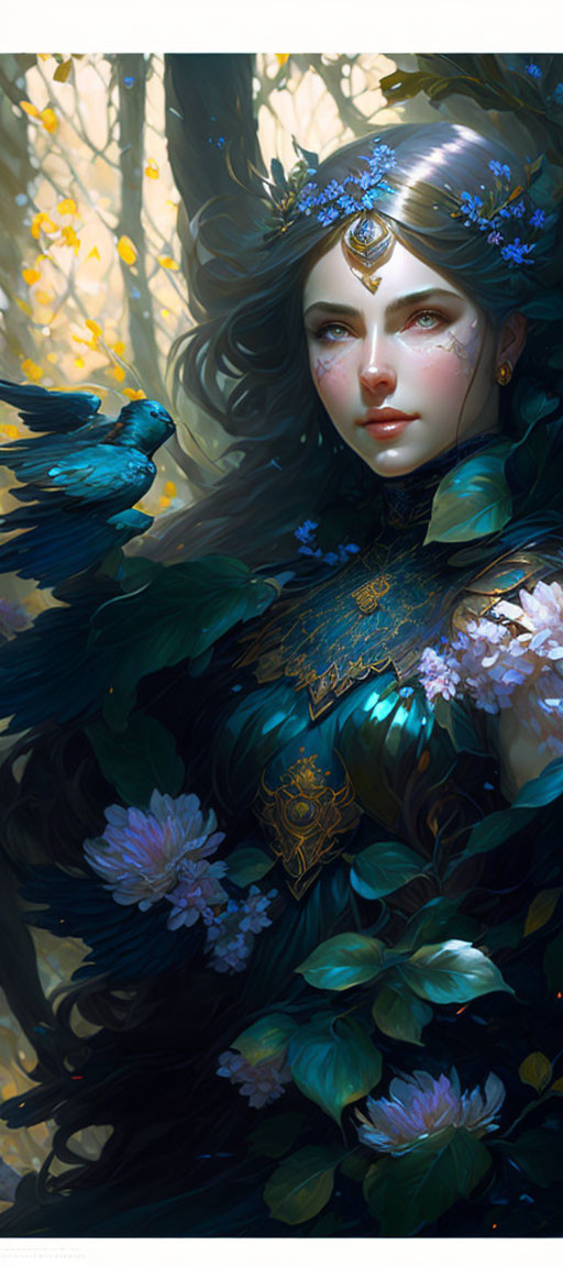 Fantasy artwork of woman with dark hair, blue flowers, jeweled headpiece, bluebird,