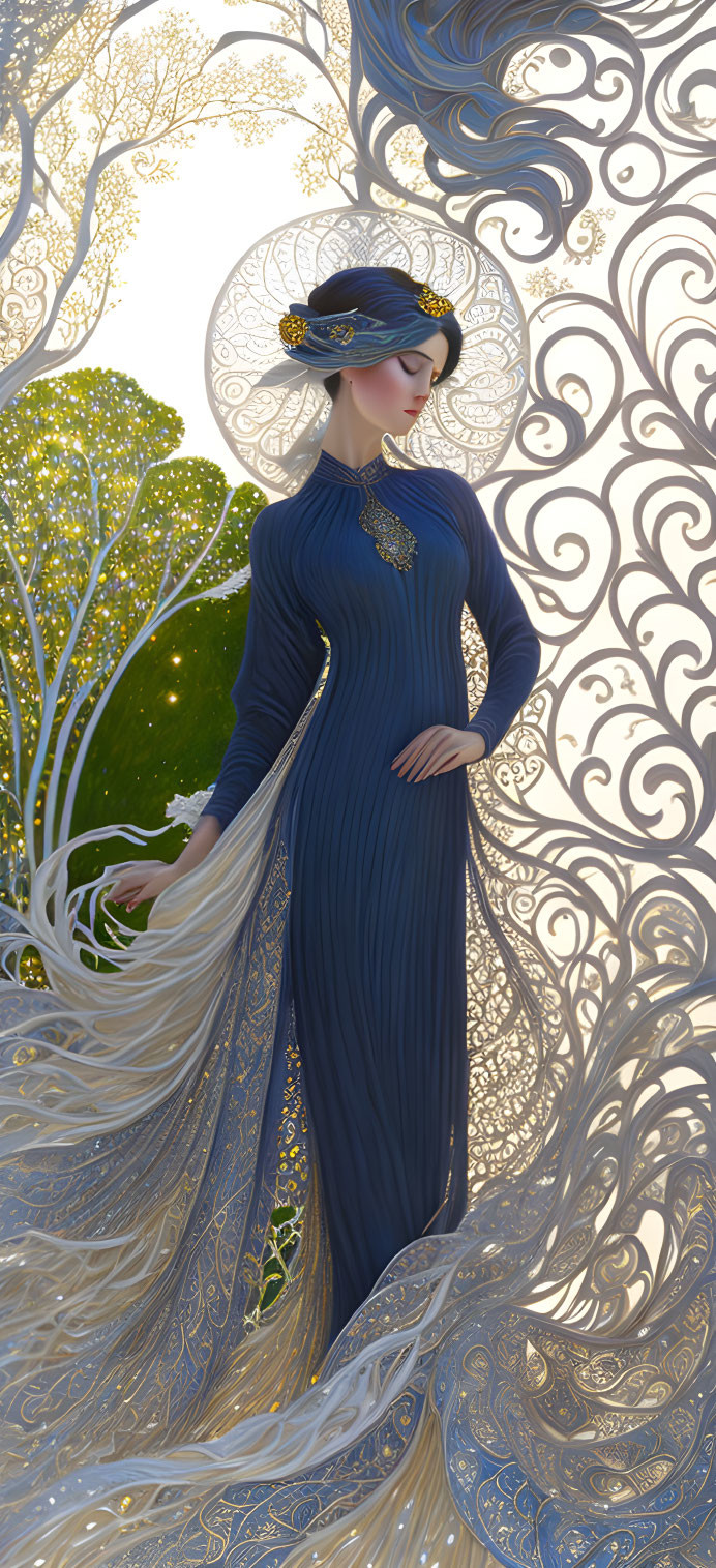 Elegant woman in blue gown surrounded by whimsical swirls and gold accents