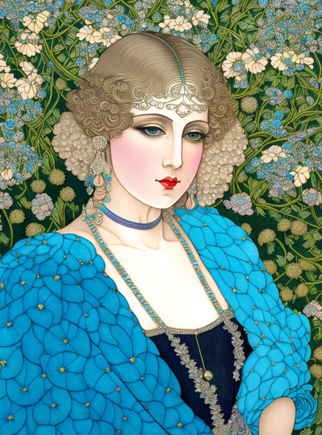 Illustration of woman in blue scalloped dress with bobbed curly hair in Art Deco style