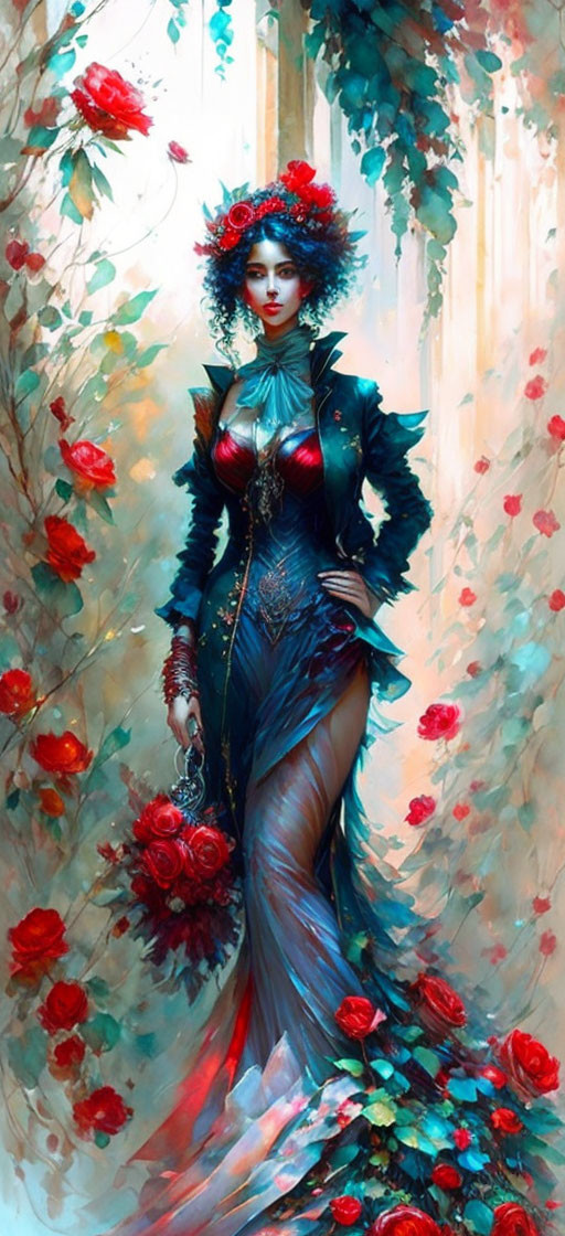 Stylized artwork of woman in blue gown with red floral accents and roses