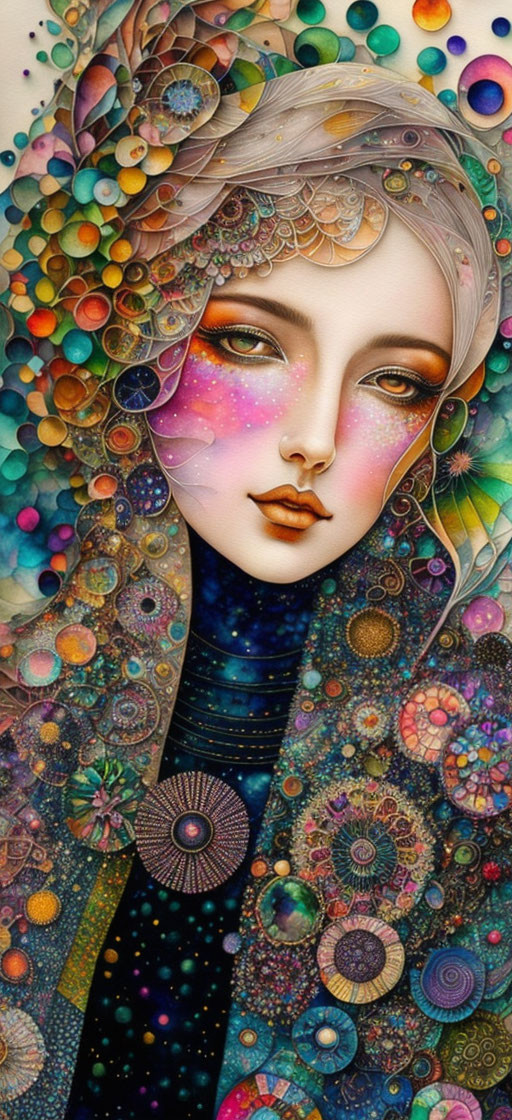 Colorful Mosaic Pattern Adorns Woman in Vibrant Illustration