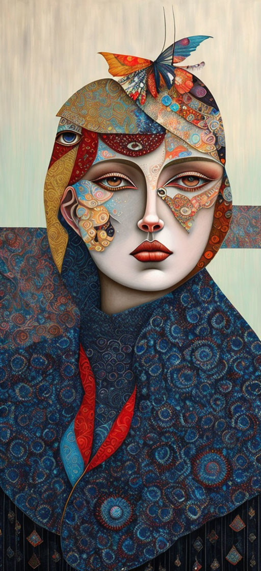 Colorful artwork of woman with butterfly and intricate patterns