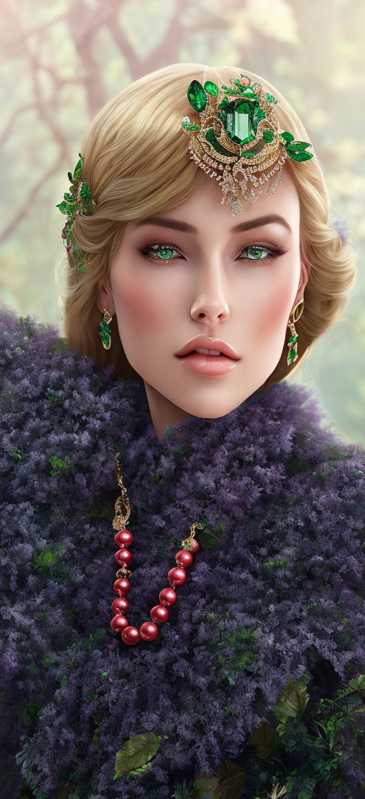 Digital portrait of woman with green eyes, short blonde hair, wearing purple fluffy outfit.