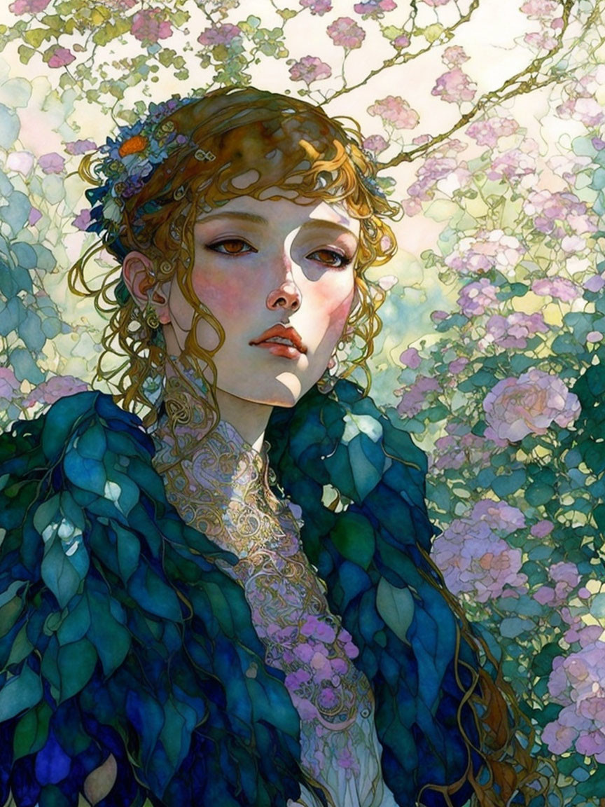 Detailed illustration of woman in elaborate attire surrounded by flowers and leaves.