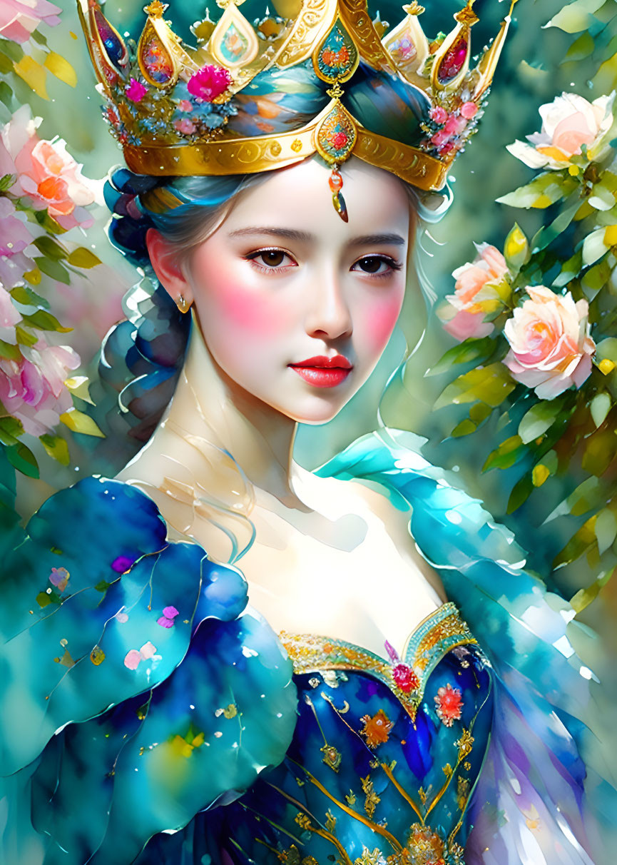 Digital painting of woman in regal crown and blue floral gown among soft-focus flowers