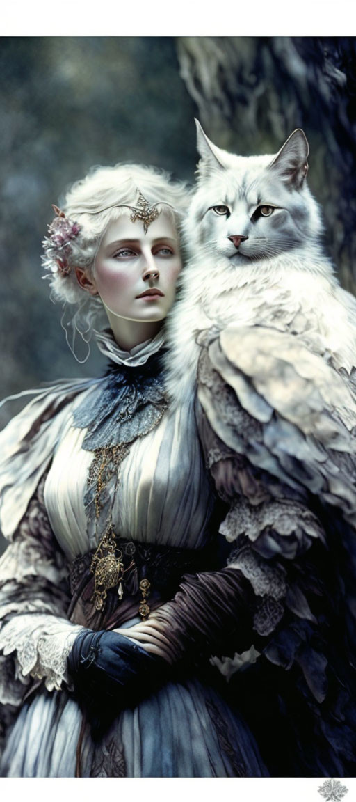 Victorian woman with elaborate headpiece next to majestic white winged cat