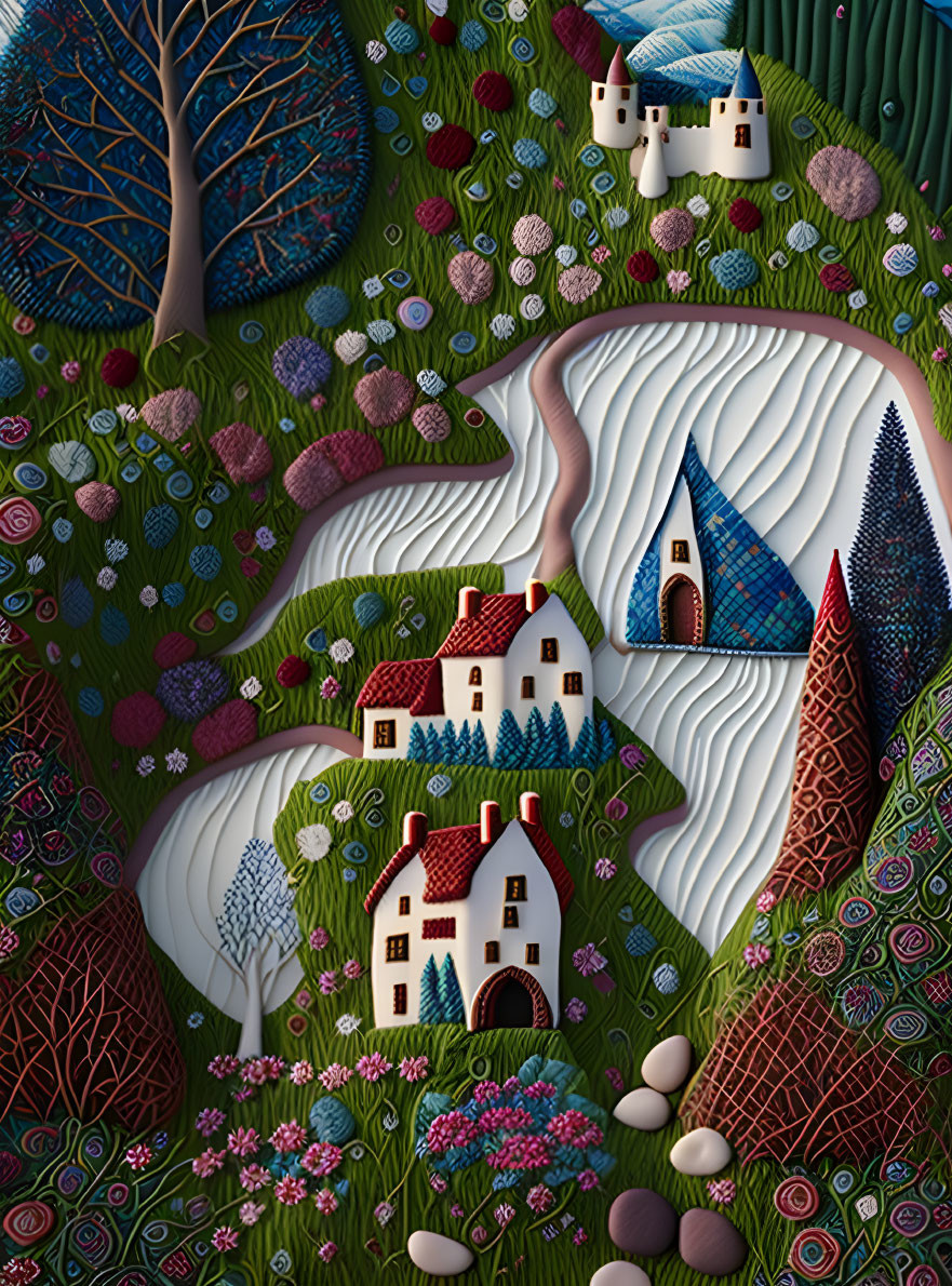 Colorful Stylized Village Illustration with Vibrant Flora and Quaint Houses