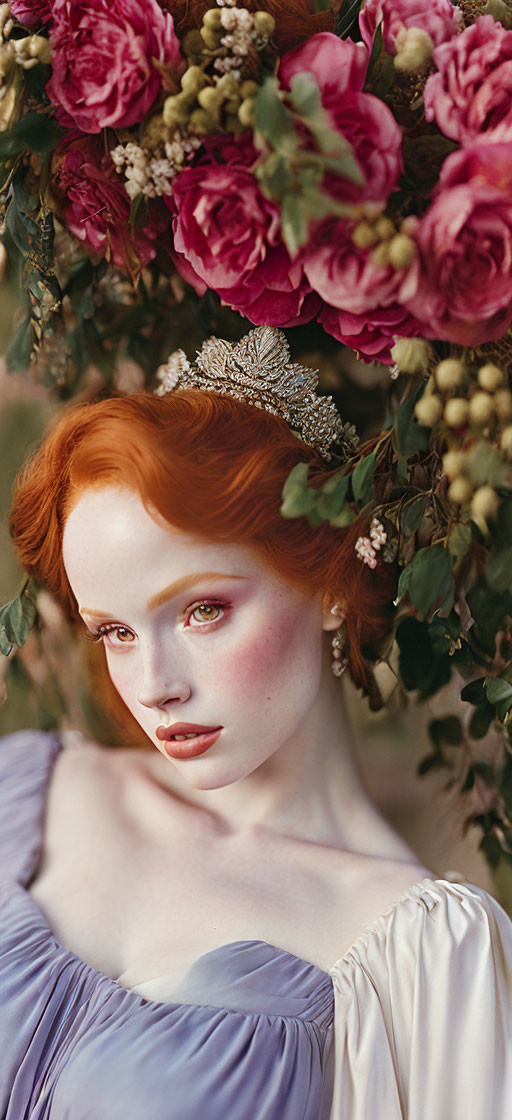 Red-haired woman in crown surrounded by roses in purple dress.