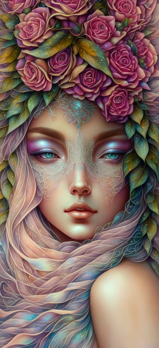 Digital artwork: Woman with floral crown, lace-like facial patterns, colorful stylized hair