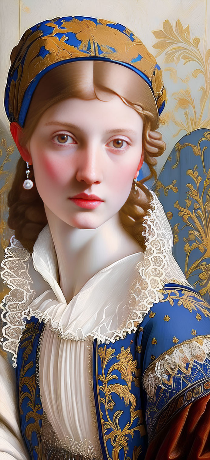 Portrait of young woman in blue & gold dress with solemn expression