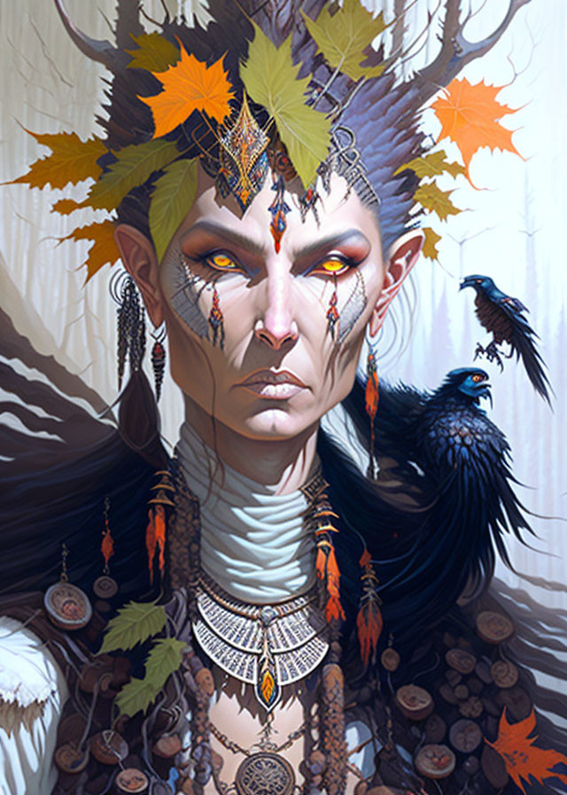 Fantasy figure with pointed ears and autumn-themed attire, accompanied by a raven.