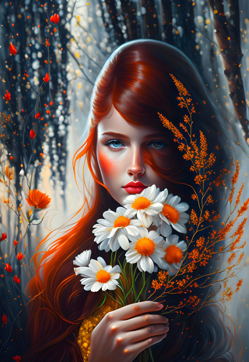 Digital illustration of woman with red hair and blue eyes holding white daisies in mystical setting