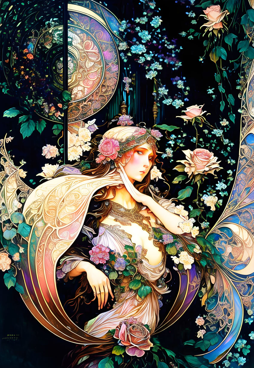 Ethereal woman with floral and celestial motifs in mystical setting