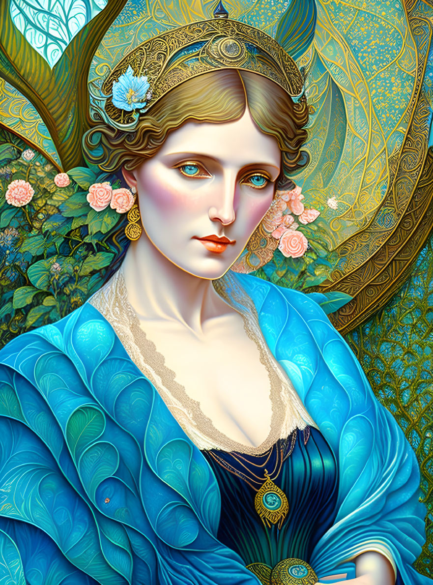 Illustration of woman in blue attire with gold patterns and floral backdrop