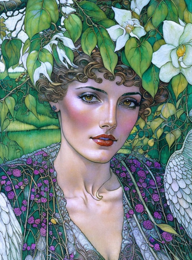 Feminine figure with angelic wings and white flowers in hair surrounded by green leaves and floral patterns