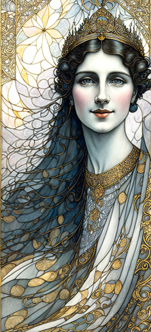 Art Nouveau style portrait of woman with dark hair and delicate headpiece against intricate backdrop