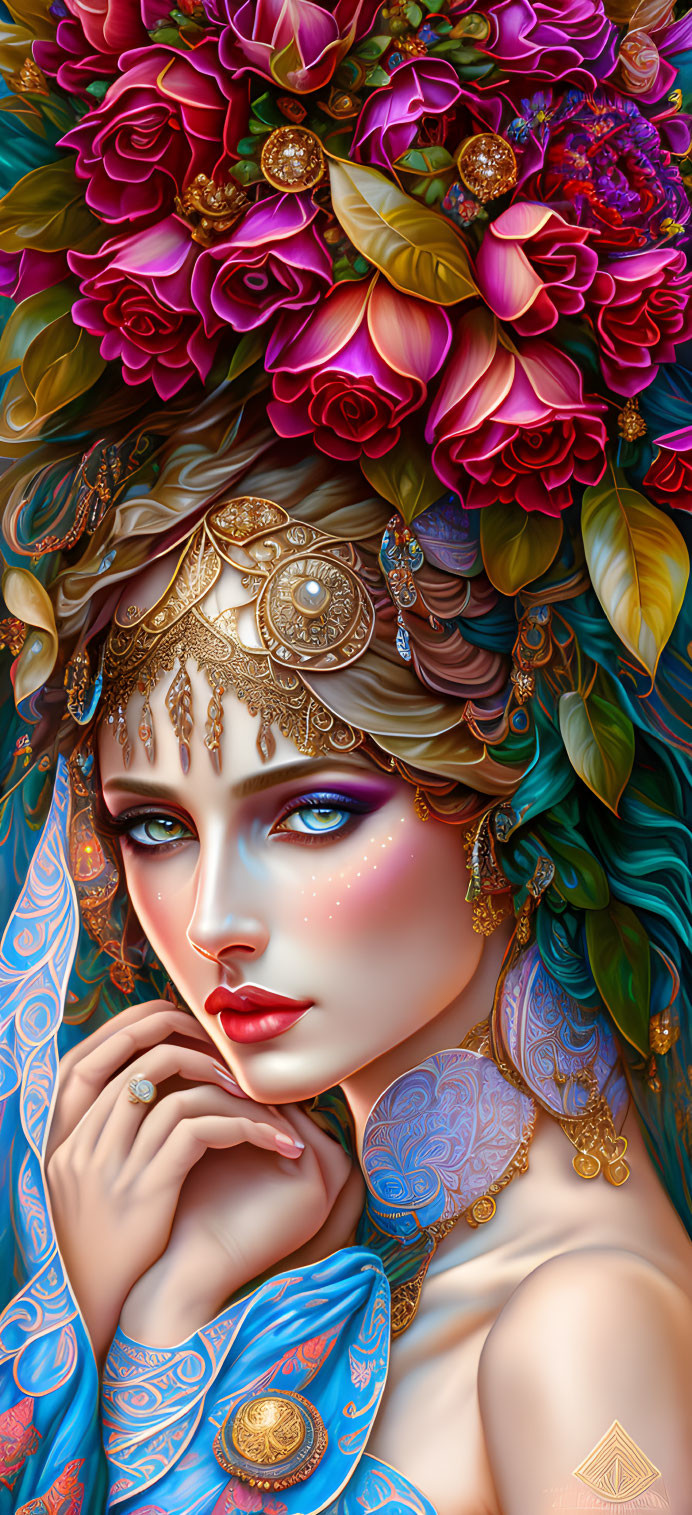 Illustrated female figure in ornate jewelry and colorful floral headpiece with intricate patterns and fantastical style