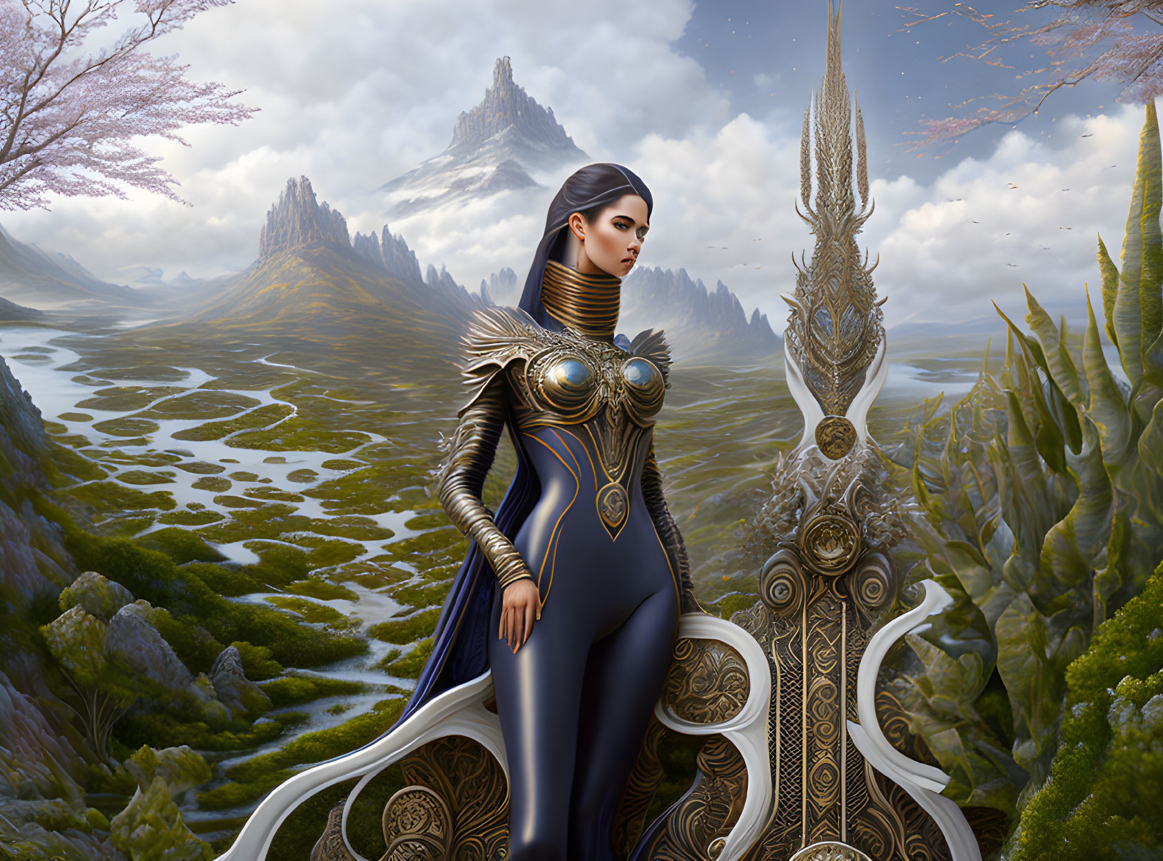 Regal female figure in ornate armor with spear in majestic mountain landscape