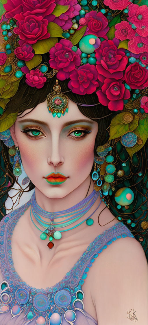 Stylized portrait of woman with elaborate jewelry and floral headpiece