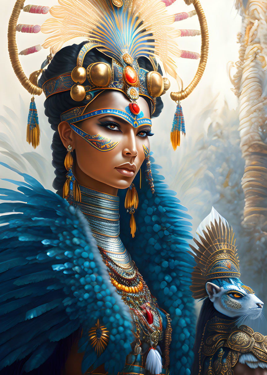 Elaborate headdress with blue feathers and gold jewelry on regal figure.