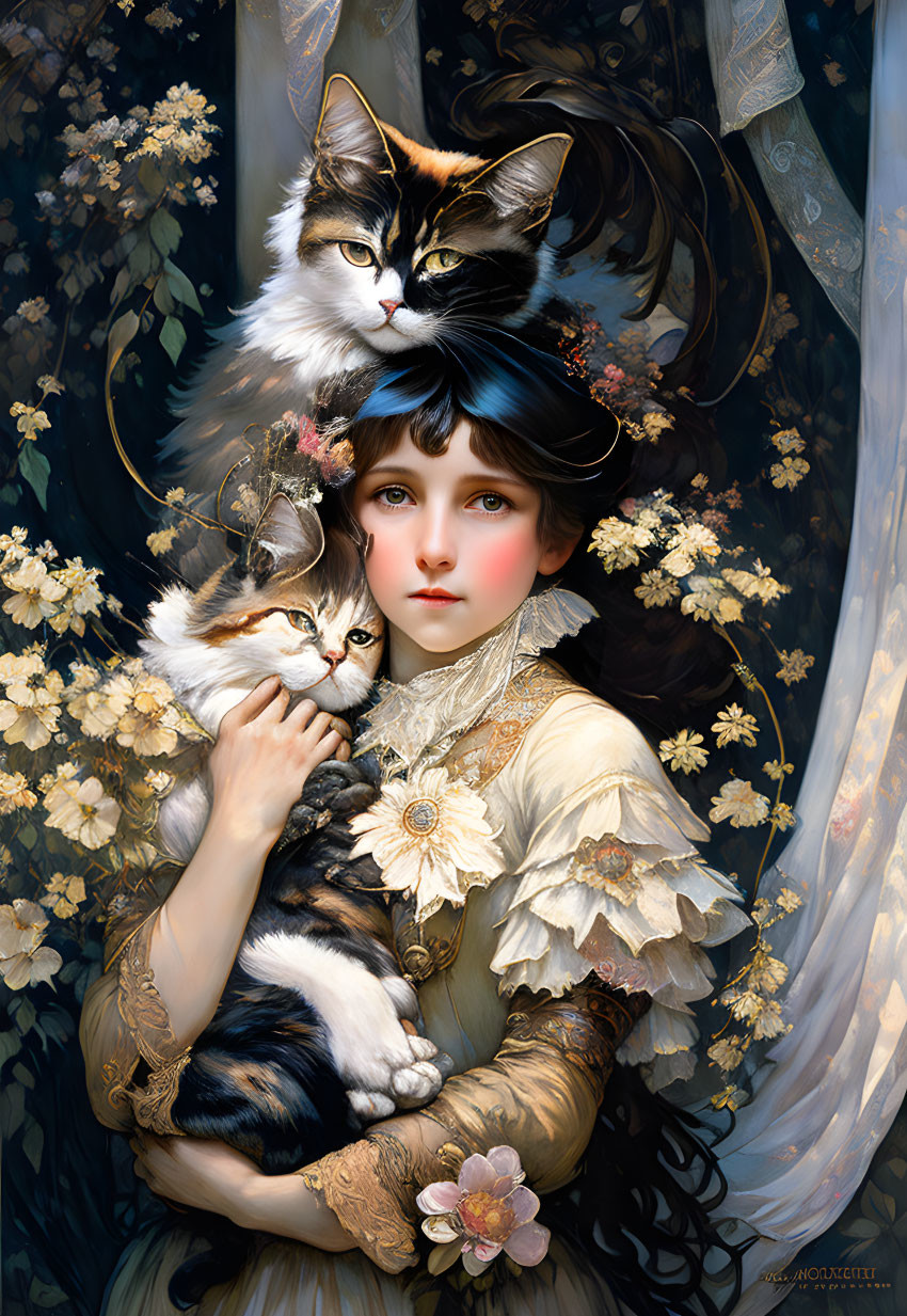 Young person with blue eyes holding calico cat, matching another cat on ornate hat among flowers