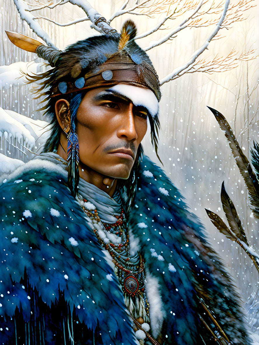 Native American man in traditional attire with feathered headdress in snowy setting