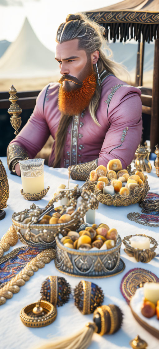 Traditional Middle Eastern attire man sitting at ornate table with pastries and glass.