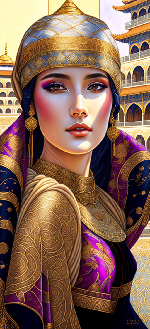 Illustrated woman in golden headdress and purple attire with palace backdrop