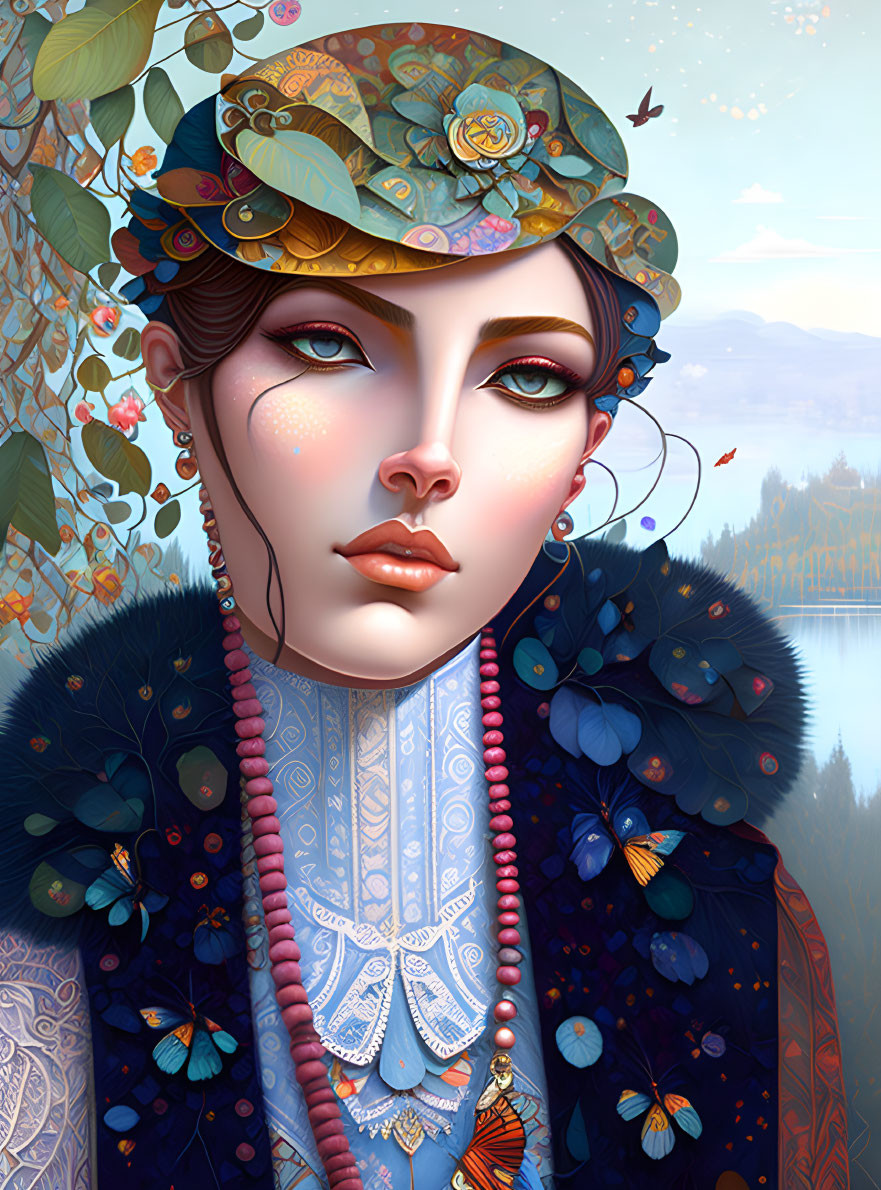 Digital illustration: Woman in floral hat and ornate blue coat with butterflies, set in nature.