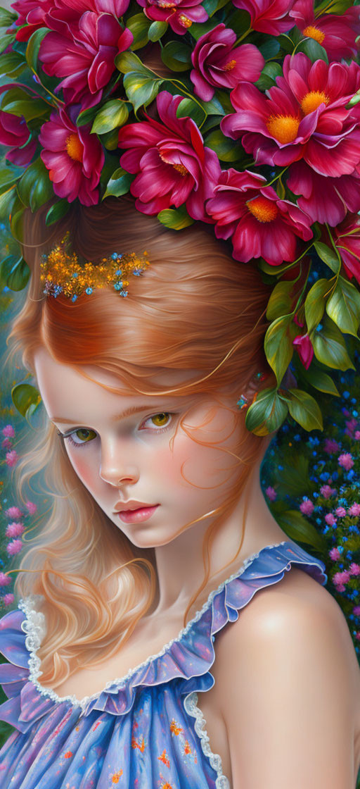 Detailed Illustration: Young Girl with Blonde Hair, Red Flower Crown, Blue Dress