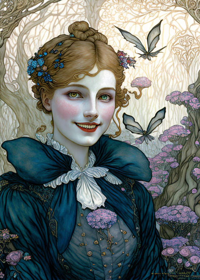 Victorian-style woman with auburn hair in blue dress among butterflies and flowers