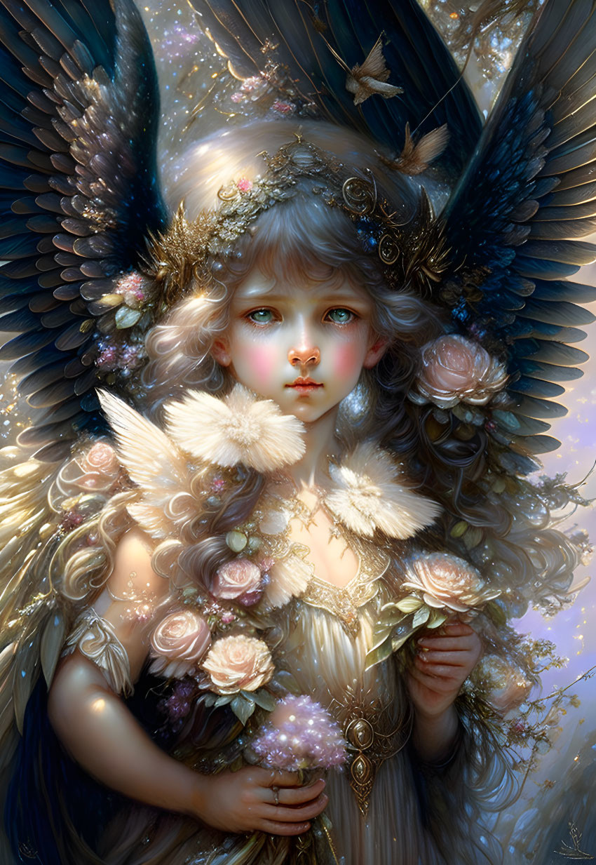 Angel with large wings and floral crown in soft light surrounded by feathers