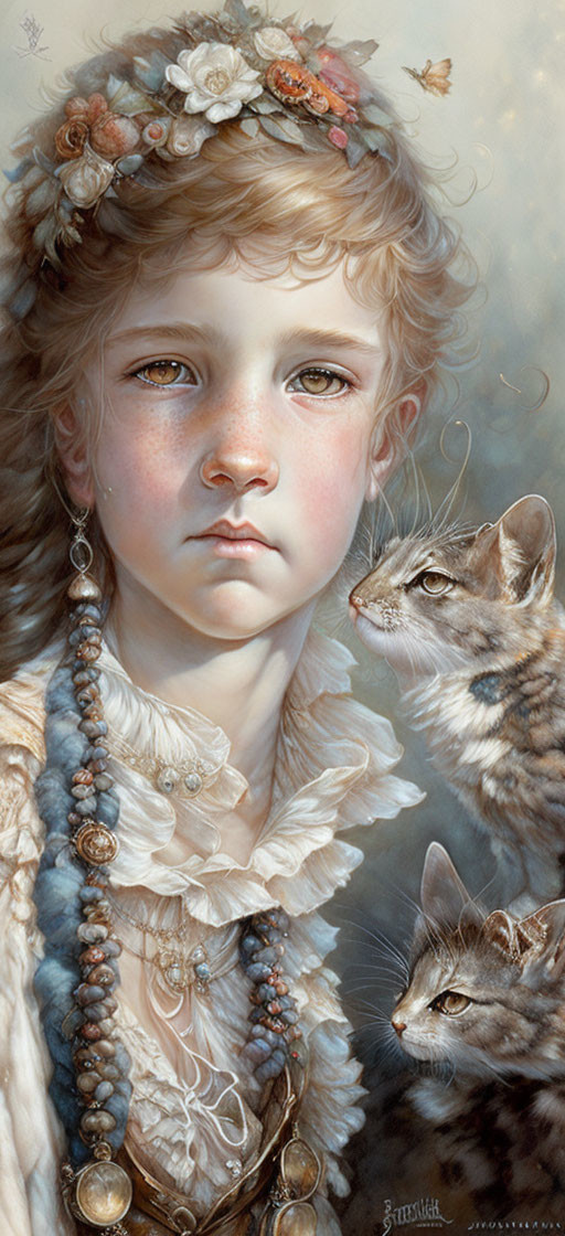 Portrait of young girl with curly hair and cat in vintage dress