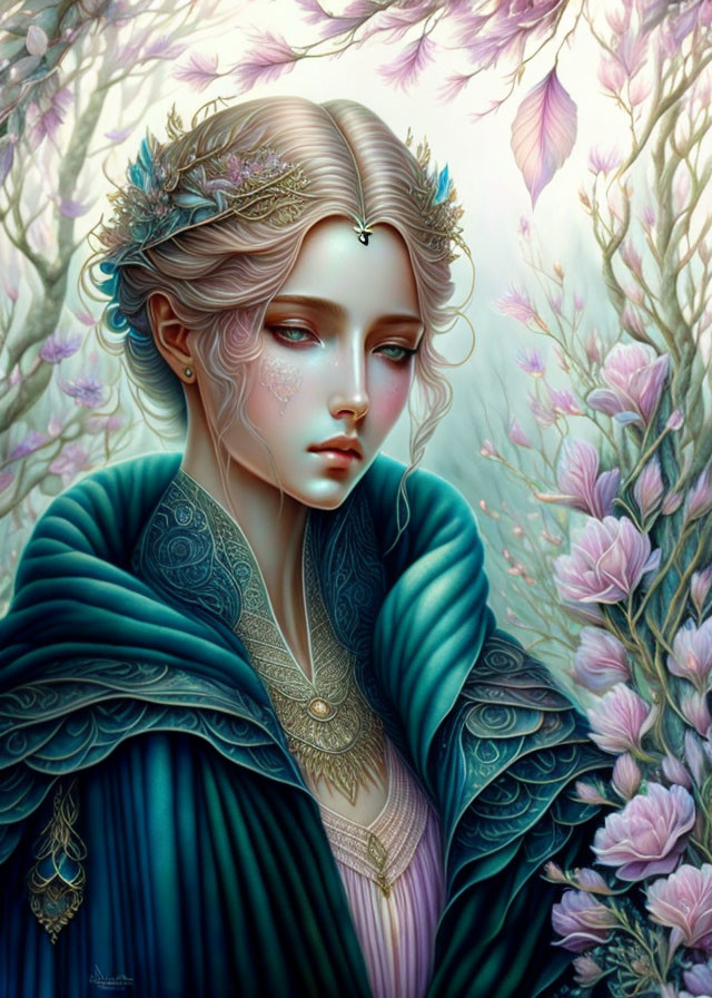 Ethereal artwork of fair-skinned woman with white hair, crown, pink blossoms, teal