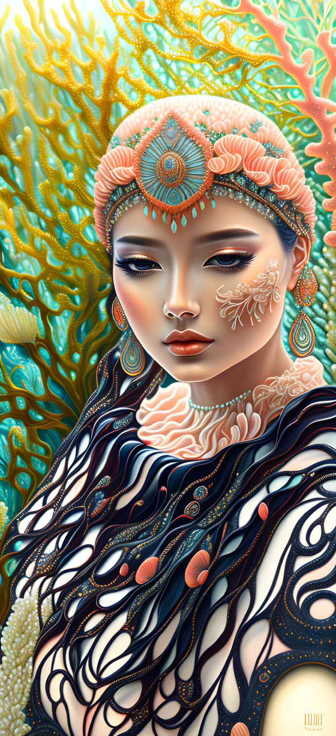 Digital artwork of woman in marine-themed attire and headdress with vibrant coral background.